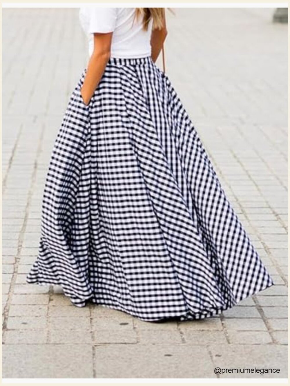 Gingham Maxi Skirt High Waist Pleated A-Line Flowy Checkered Skirt Summer - Picture 4 of 7